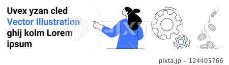 Woman pointing at gears and coins representing business strategy and innovation. Ideal for business planning, financial growth, technological advancement, process optimization, and teamwork. Banner Woman pointing at gears and coins representing business strategy and innovation. Ideal for business planning, financial growth, technological advancement, process optimization, and teamwork. Banner 124405766