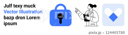 Blue padlock icon, healthcare professional with clipboard, and heart-shaped symbol. Ideal for data protection, online security, healthcare services, medical records, and health monitoring. Banner 124405780