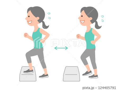 踏み台昇降運動で体力をつける若い女性　セット 124405791