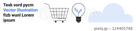 Shopping cart, innovation light bulb, and cloud symbolize online shopping, creativity, and digital storage. Ideal for e-commerce, innovation, technology, minimalism, cloud computing. Banner Shopping cart, innovation light bulb, and cloud symbolize online shopping, creativity, and digital storage. Ideal for e-commerce, innovation, technology, minimalism, cloud computing. Banner 124405798