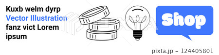 Coins stacked beside a light bulb and blue shop button text. Ideal for e-commerce, startups, financial services, innovation, marketing campaigns. Banner for landing page Coins stacked beside a light bulb and blue shop button text. Ideal for e-commerce, startups, financial services, innovation, marketing campaigns. Banner for landing page 124405801