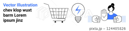 Shopping cart next to energy-efficient lightbulb symbol and person with outstretched hand in stop gesture flanked by clenching fists. Ideal for ecommerce, sustainability, energy awareness, conflict Shopping cart next to energy-efficient lightbulb symbol and person with outstretched hand in stop gesture flanked by clenching fists. Ideal for ecommerce, sustainability, energy awareness, conflict 124405826