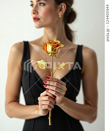 Woman Holding Golden Rose, Dreamily Looking into the Distance AI-generated 124405944