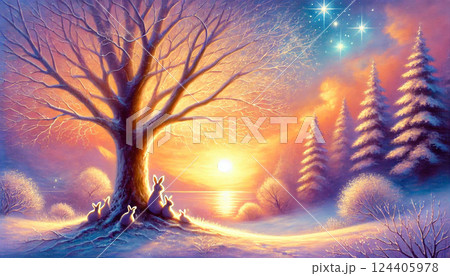夕陽に包まれる湖畔の大樹とうさぎの家族、静かな星空が広がる冬の幻想的な風景 夕陽に包まれる湖畔の大樹とうさぎの家族、静かな星空が広がる冬の幻想的な風景 124405978
