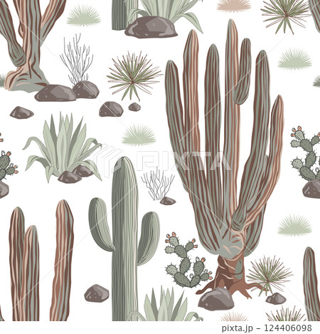 Siant cardon and Saguaro cactus and agaves seamless pattern. Cacti landscape background, vector illustration 124406098