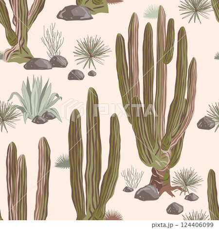 Old and tall Mexican giant cardon cactus and agaves seamless pattern. Cacti landscape background, vector illustration 124406099