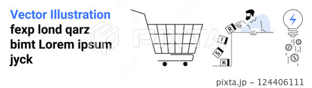 Shopping cart symbolizing e-commerce next to a person managing risk with blocks amid an idea bulb. Ideal for e-commerce, risk management, business strategy, innovation, and technology. Banner 124406111
