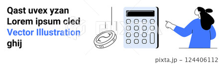 Woman pointing at a large calculator with a coin dropping next to it, Ideal for finance business accounting investment and education Banner for landing page 124406112