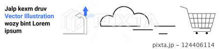 Abstract design with a shopping cart, cloud, and upward arrow in a minimalist style. Ideal for e-commerce, cloud computing, digital innovation, online retail, business strategy. Banner for landing Abstract design with a shopping cart, cloud, and upward arrow in a minimalist style. Ideal for e-commerce, cloud computing, digital innovation, online retail, business strategy. Banner for landing 124406114