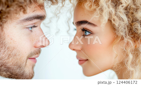Close-Up Portrait of man and woman Facing Each Other. Concept of human connection, relationships, and personal interaction. Perfect for use in lifestyle, beauty, and personal care content 124406172