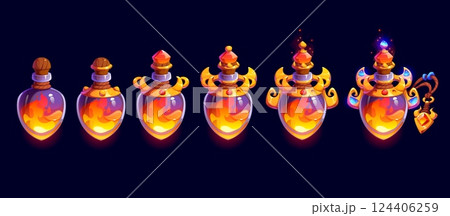 Fire magic rank badge, game level progress stage. Cartoon vector fiery magical potions in ornate mystical glass bottles, evolving from a simple flask to an enchanted artifact with glowing liquid Fire magic rank badge, game level progress stage. Cartoon vector fiery magical potions in ornate mystical glass bottles, evolving from a simple flask to an enchanted artifact with glowing liquid 124406259