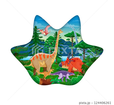 Paper cut dinosaur footprint frame with prehistoric lizards and Jurassic reptiles, vector poster. Dino characters in forest jungle for kid dino encyclopedia, paleontology dinosaurs atlas or story book Paper cut dinosaur footprint frame with prehistoric lizards and Jurassic reptiles, vector poster. Dino characters in forest jungle for kid dino encyclopedia, paleontology dinosaurs atlas or story book 124406261