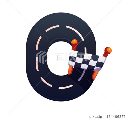 Car racing competition font racing track digit 0 zero. Automobile race motorsport alphabet typeface digit, speed championship vector typeface numeral symbol. Car road racing rally math font number 124406273