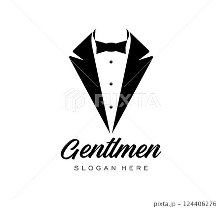 Black tuxedo suit icon. Vector black and white emblem featuring a tuxedo with bow tie, symbolizing elegance, sophistication and formal attire. Label represents luxury men fashion and premium services 124406276