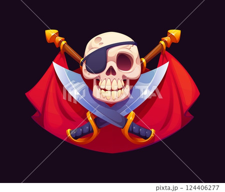 Heraldic pirate skull with crossed sabers and red flags. Cartoon vector emblem with grinning jolly Roger skull with an eye patch and crossed swords, evokes themes of danger and the high seas adventure 124406277