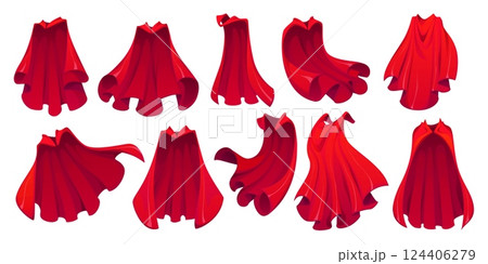 Red superhero cape, hero coat cloak and magic carnival mantle. Vector set of cartoon crimson colored defender drapery or party costumes, embodying superpowers, heroism, mystery, courage and adventure 124406279