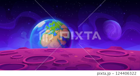 View of earth and alien planet surface landscape for galaxy fantasy, vector background. Purple planet surface with craters and view on earth planet in starry sky among galaxy stars in outer space View of earth and alien planet surface landscape for galaxy fantasy, vector background. Purple planet surface with craters and view on earth planet in starry sky among galaxy stars in outer space 124406322