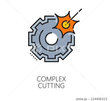Complex cutting line icon, featuring a laser beam cutting through a gear. Vector linear sign symbolizing precision engineering, industrial automation, and advanced manufacturing processes Complex cutting line icon, featuring a laser beam cutting through a gear. Vector linear sign symbolizing precision engineering, industrial automation, and advanced manufacturing processes 124406323