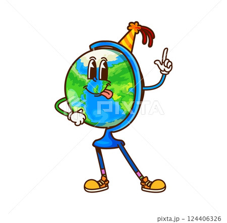 Cartoon groovy school globe stationery character flashing finger up gesture. Isolated vector earth planet, retro geographical map, educational item teacher personage with quirky face and party hat 124406326