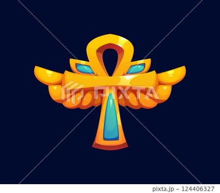 Ancient Egyptian golden winged ankh with blue gemstones. Egypt game icon, treasure asset. Cartoon vector mystical pharaoh symbol of life and protection for adventure, mythology or archaeology games 124406327