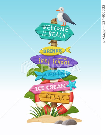 Summer beach wooden sign board or travel vacations signage with direction arrows, vector signboard. Summer beach welcome sign board with direction to drink and ice cream bar or surf and swim school 124406332