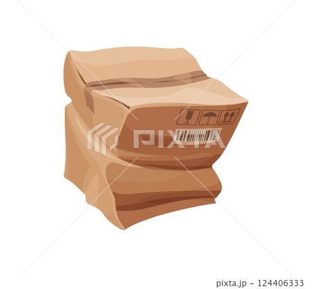 Damaged and broken delivery cardboard box. Damaged crumpled cardboard paper container, destroyed crushed isolated cartoon vector delivery parcel. Ripped dirty shipping package or broken wet cargo box 124406333