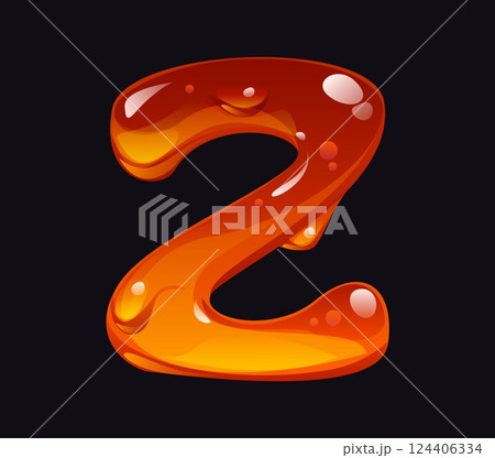 Tasty honey cartoon font letter Z. Sweet amber flow letter, yellow caramel vector typeset symbol. Liquid honey ABC font sign or tasty candy cartoon English alphabet type element 124406334