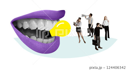 Group of business people reacting to giant talking mouth, lightbulb as shared vision and message. 124406342