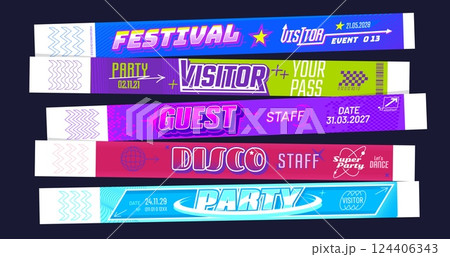 Y2k event party bracelet, festival concert ticket, cinema and club pass. Realistic 3d vector set of stylish and modern wristbands for festival, party, concert and vip access, enhancing event security Y2k event party bracelet, festival concert ticket, cinema and club pass. Realistic 3d vector set of stylish and modern wristbands for festival, party, concert and vip access, enhancing event security 124406343