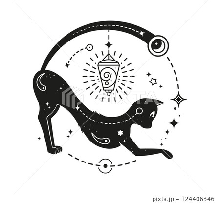 Black magic cat with cosmic patterns, celestial symbols and an ornate lantern. Vector mystical cat with arched body forms a circular composition with stars motif. Boho astrology and spirituality sign 124406346