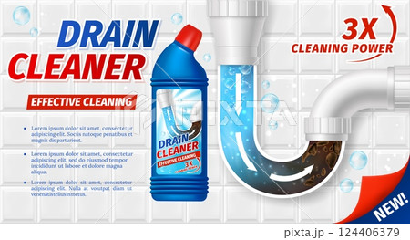 Clog drain pipe cleaner, bathroom sink detergent vector ads poster. Cleanser bottle near clogged basin siphon on bathroom tiles background. Realistic 3d package promo mockup for brand advertising Clog drain pipe cleaner, bathroom sink detergent vector ads poster. Cleanser bottle near clogged basin siphon on bathroom tiles background. Realistic 3d package promo mockup for brand advertising 124406379