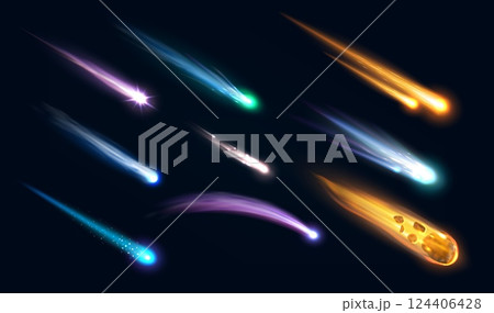 Realistic galaxy space meteors, comets and asteroids with flame trails. 3d vector falling fiery meteorites, shooting stars, cosmic fireballs streaking the night starry sky with colorful glowing tails 124406428