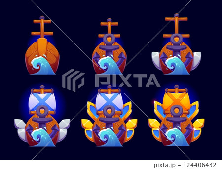 Nautical marine game rank badge, naval level medal progression icons. Cartoon vector ship upgrade stages. Wooden vessel evolves with added anchors, sails, shields and glowing silver or golden elements Nautical marine game rank badge, naval level medal progression icons. Cartoon vector ship upgrade stages. Wooden vessel evolves with added anchors, sails, shields and glowing silver or golden elements 124406432