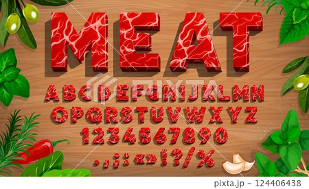 Butcher type, meat font, grill beef typeface, bbq letters alphabet at vector background of wood table with food spices and herbs. Raw red meat pattern font letters and numbers with beef steak texture 124406438