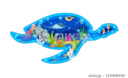 Paper cut turtle silhouette with underwater landscape and fishes, vector background. Ocean undersea or sea underwater with paper cut turtle with stingray or manta ray and cartoon seahorses in seaweeds Paper cut turtle silhouette with underwater landscape and fishes, vector background. Ocean undersea or sea underwater with paper cut turtle with stingray or manta ray and cartoon seahorses in seaweeds 124406440
