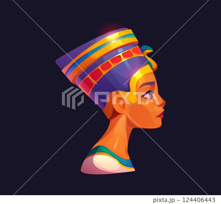 Egyptian queen in profile, ancient Egypt game icon, treasure asset. Cartoon vector historical cultural artifact, stunning female head wearing royal headdress adorned with golden details, evoke royalty Egyptian queen in profile, ancient Egypt game icon, treasure asset. Cartoon vector historical cultural artifact, stunning female head wearing royal headdress adorned with golden details, evoke royalty 124406443