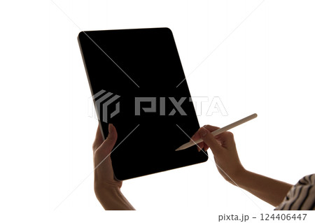 Woman interacting with tablet screen with stylus against white background. Mockup 124406447