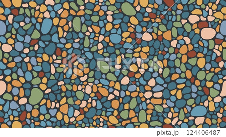 Mosaic gravel and pebble stone seamless pattern color paving background. Vector street cobblestone, garden sidewalk tile with colorful paving rocks or gravel for wallpaper, patio and outdoor space Mosaic gravel and pebble stone seamless pattern color paving background. Vector street cobblestone, garden sidewalk tile with colorful paving rocks or gravel for wallpaper, patio and outdoor space 124406487