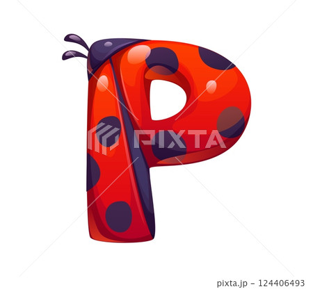Ladybug beetle cartoon font letter P. Garden ladybug beetle type sign, cute insect vector kids ABC font letter. Spring lady bug English alphabet typeset symbol or cartoon typeface element Ladybug beetle cartoon font letter P. Garden ladybug beetle type sign, cute insect vector kids ABC font letter. Spring lady bug English alphabet typeset symbol or cartoon typeface element 124406493