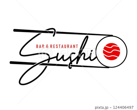 Japanese salmon sushi restaurant icon. Vector emblem for a sushi bar and Asian restaurant service, featuring bold chopsticks, modern typography and red circular sushi roll, emphasize dining experience 124406497