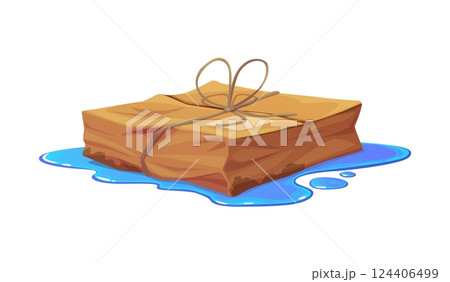 Damaged and ripped cargo cardboard box. Destroyed crumpled cardboard paper box, broken wet isolated cartoon vector delivery parcel. Ripped crushed cargo package or damaged dirty shipping container 124406499
