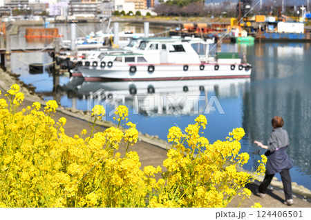 品川勝島運河の桟橋に浮かぶ船舶と散歩をする女性 124406501