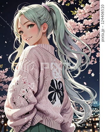 夜の桜の女の子のポートレート 124406510