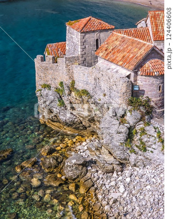 Breathtaking Aerial View of Budva Old Town and the Adriatic Sea: Montenegro’s Coastal Gem 124406608