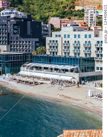 Breathtaking Aerial View of Budva Old Town and the Adriatic Sea: Montenegro’s Coastal Gem 124406615