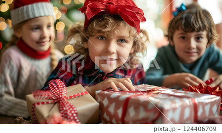 Children eagerly unwrap gifts, their faces lighting up with joy as they discover hidden treasures. 124406709