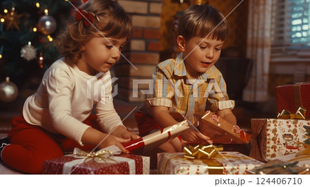 Children eagerly unwrap gifts, their faces lighting up with joy as colorful paper and ribbons scatter. 124406710