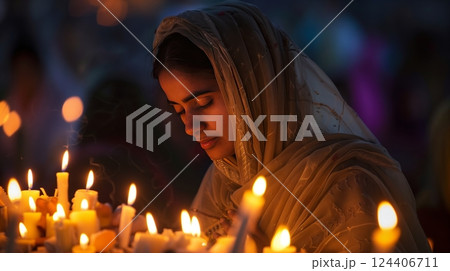 An individual lights candles during a solemn religious observance, creating a serene and reverent atmosphere. 124406711