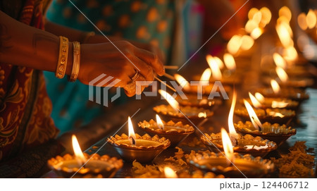 Lighting candles during a solemn religious observance symbolizes hope, spirituality, and human connection to the divine. 124406712