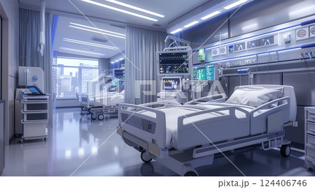 Hospital rooms feature advanced medical equipment and cutting-edge technology. 124406746